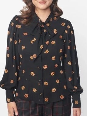 Unique Vintage 1950s Style Pumpkin Neck Tie Gwen Button Blouse Top